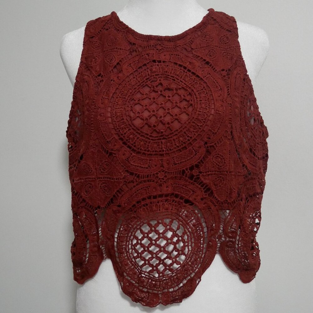 Mind code Crop tote burnt orange top blouse lace zipper back size large New